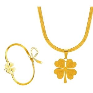 18K Gold Plated Necklace & Bracelet in Set, Four-Clover Leaf Stainless Steel-NEW